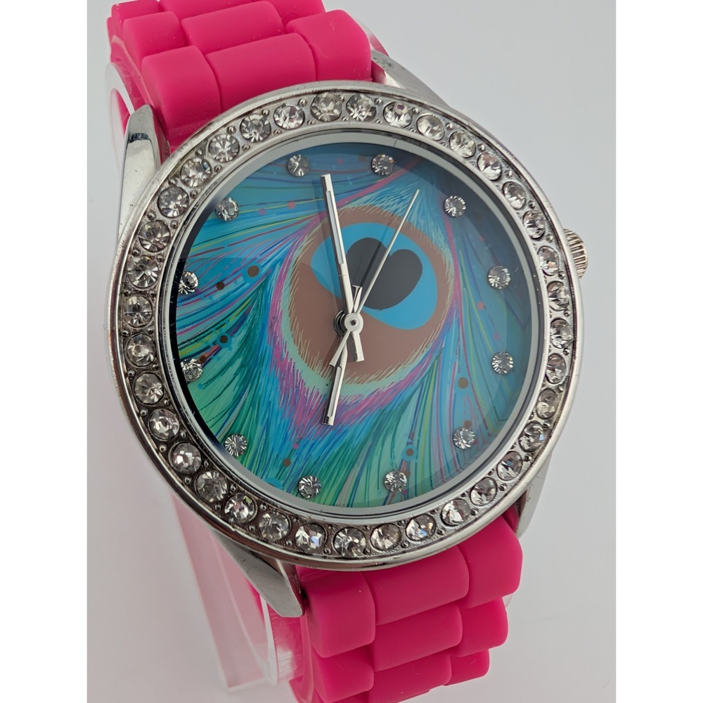 Accutime Peacock Feather Dial Watch Women 38mm Case Silicone Band- New‎ Battery